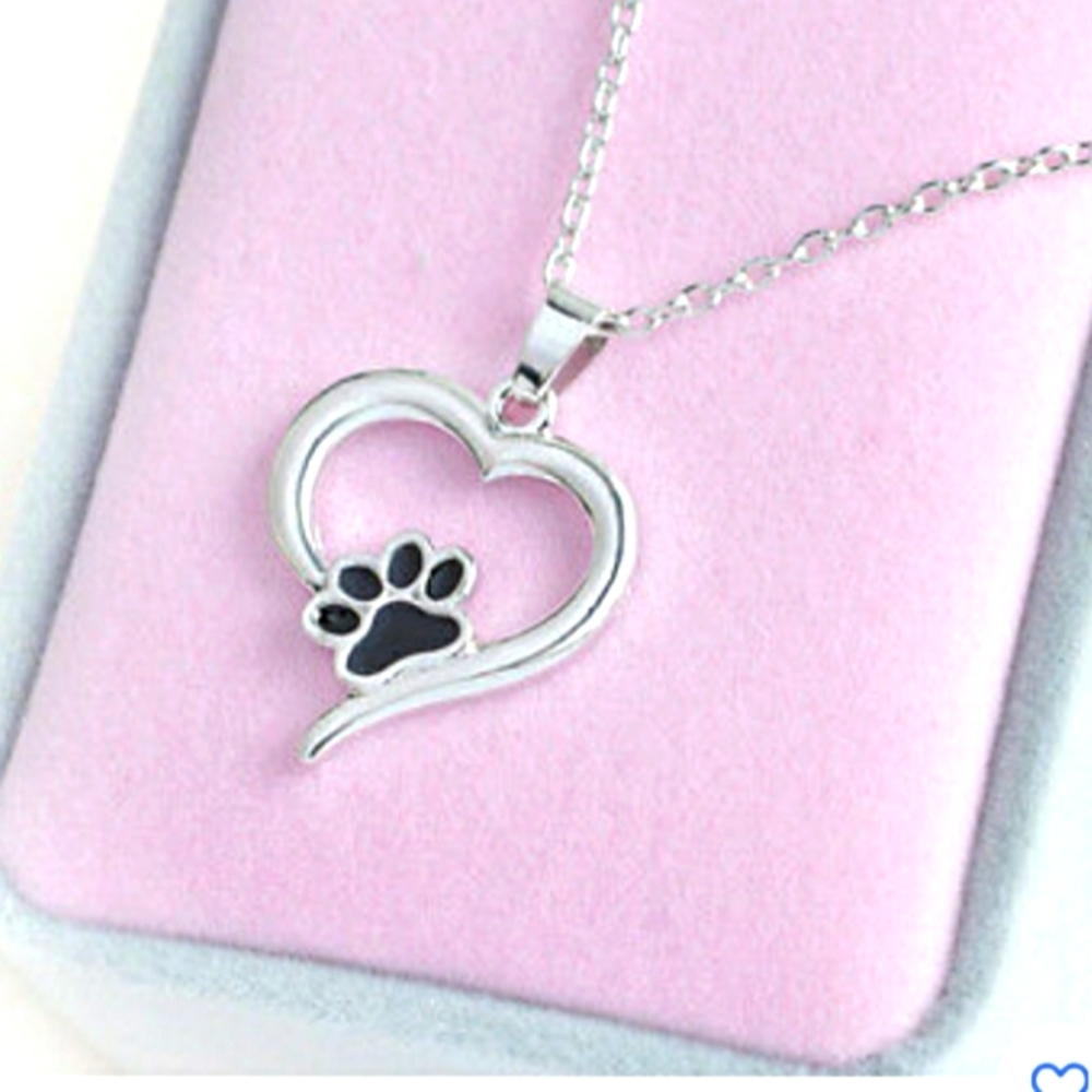 Hollow heart Pet pawprint Silver Dog Pendant Necklace